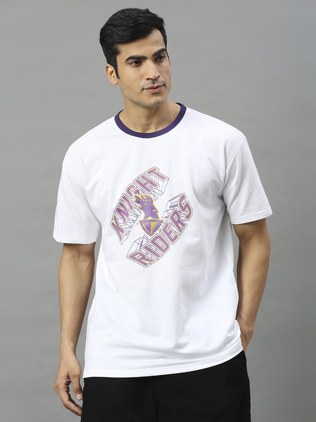 Men White Typography Printed Half Sleeves Round Neck Cotton T-Shirt
