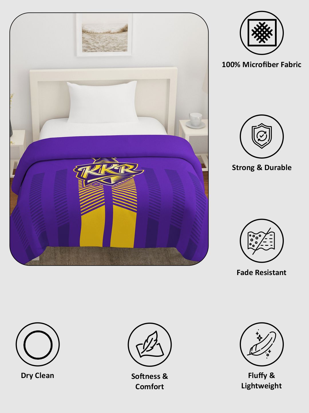 Kolkata Knight Riders Premium Quality Microfiber, Super Soft and Lightweight, Single Bed Comforter, 120 GSM, 158x245(cm) (4)