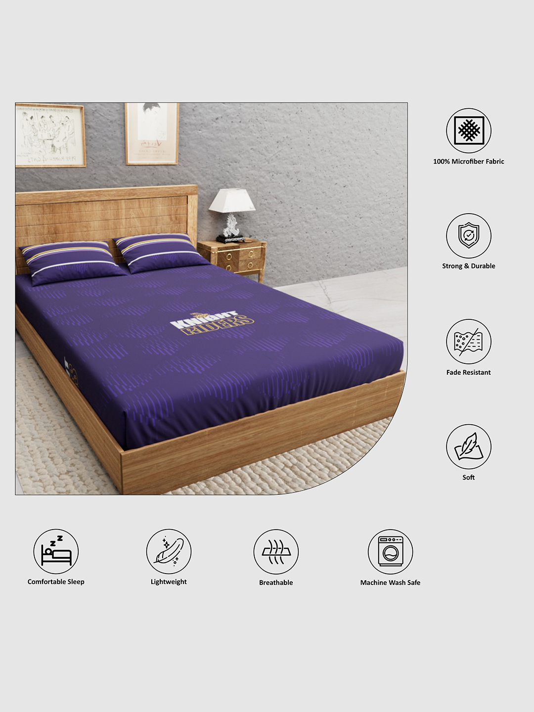 Kolkata Knight Riders Premium Quality Microfiber, Super Soft, King Size Double Bedsheet with 2 Pillow Covers, 243x248(cm (3)