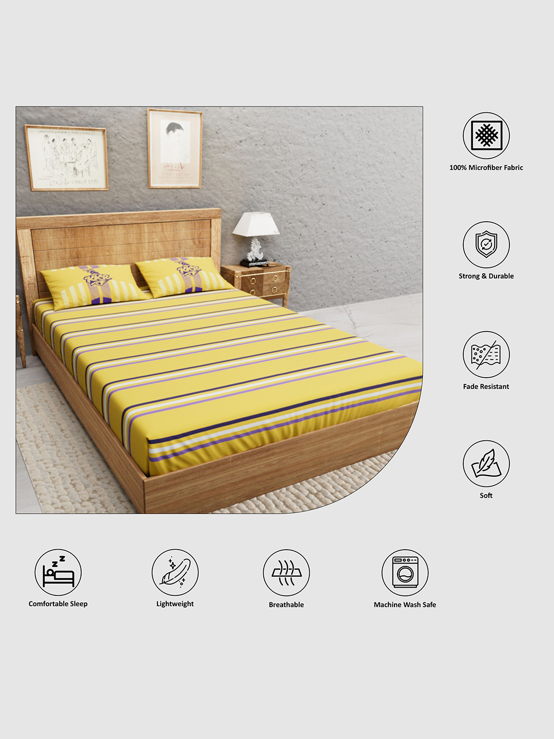 Kolkata Knight Riders Premium Quality Microfiber, Super Soft, King Size Double Bedsheet with 2 Pillow Covers, 243x248(cm (3)