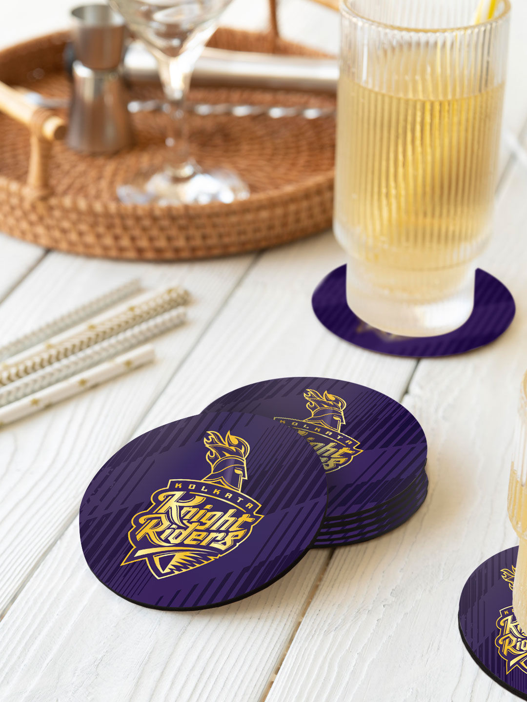 Kolkata Knight Riders Purple and Gold Printed KKR Emblem Circular Rubber Coasters - Set of 4 (5)