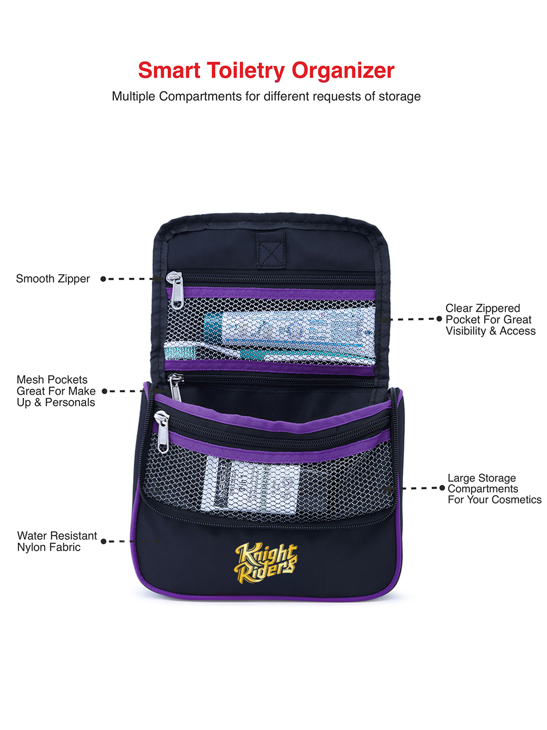 Kolkata Knight Riders Travel Organizer For Shaving Kit and Cosmetics Toiletry Kit Bag with Large Storage Compartments (B (6)