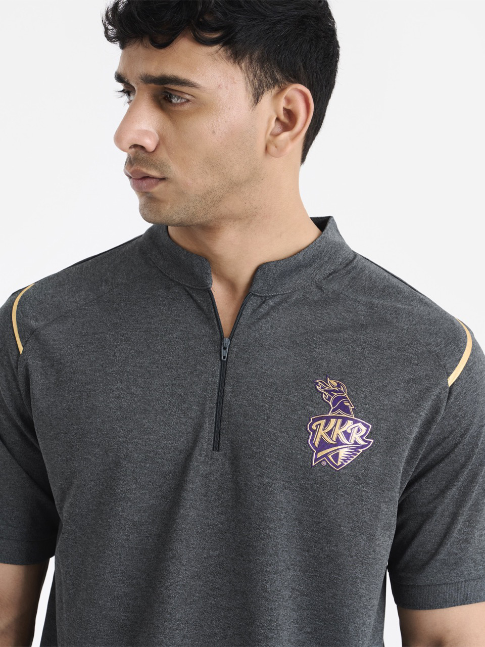 Kolkata Knight Riders Unisex Grey Logo Printed Half Sleeves Mandarin Collar Travel T-Shirt (5)