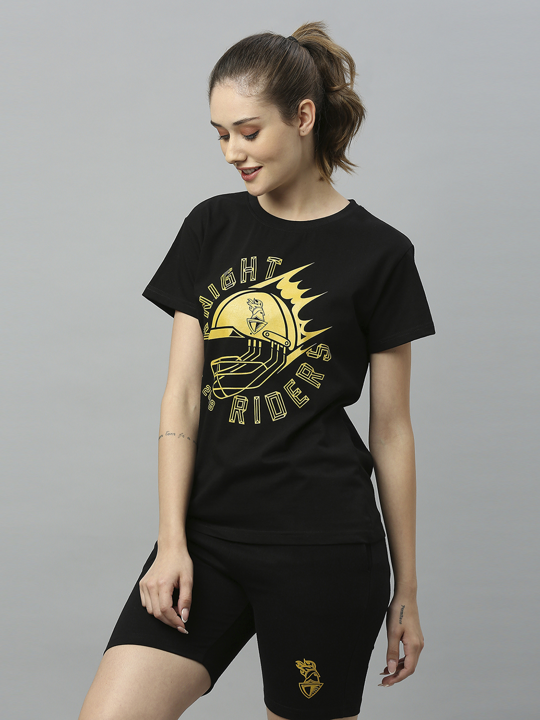Kolkata Knight Riders Women Black Printed Half Sleeves Round Neck Cotton T-Shirt (1)