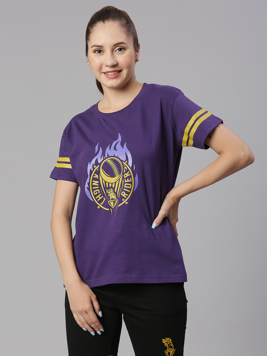 Women Purple and Yellow Graphic Printed Half Sleeves Round Neck Cotton T-Shirt
