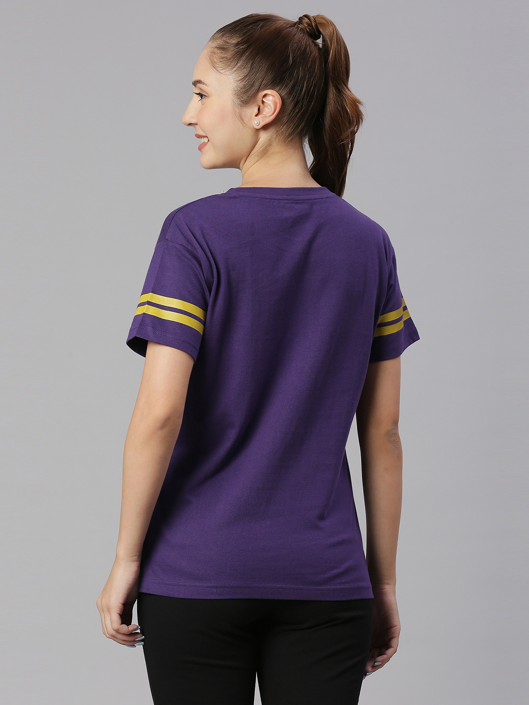 Kolkata Knight Riders Women Purple and Yellow Graphic Printed Half Sleeves Round Neck Cotton T-Shirt (2)