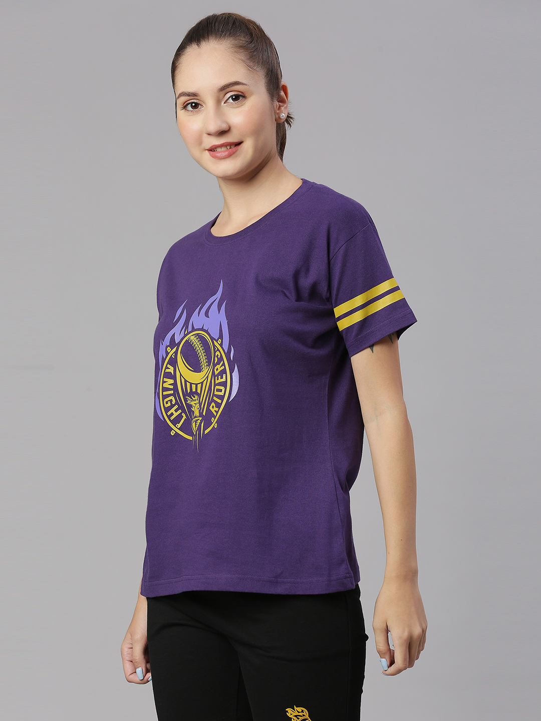 Kolkata Knight Riders Women Purple and Yellow Graphic Printed Half Sleeves Round Neck Cotton T-Shirt (3)