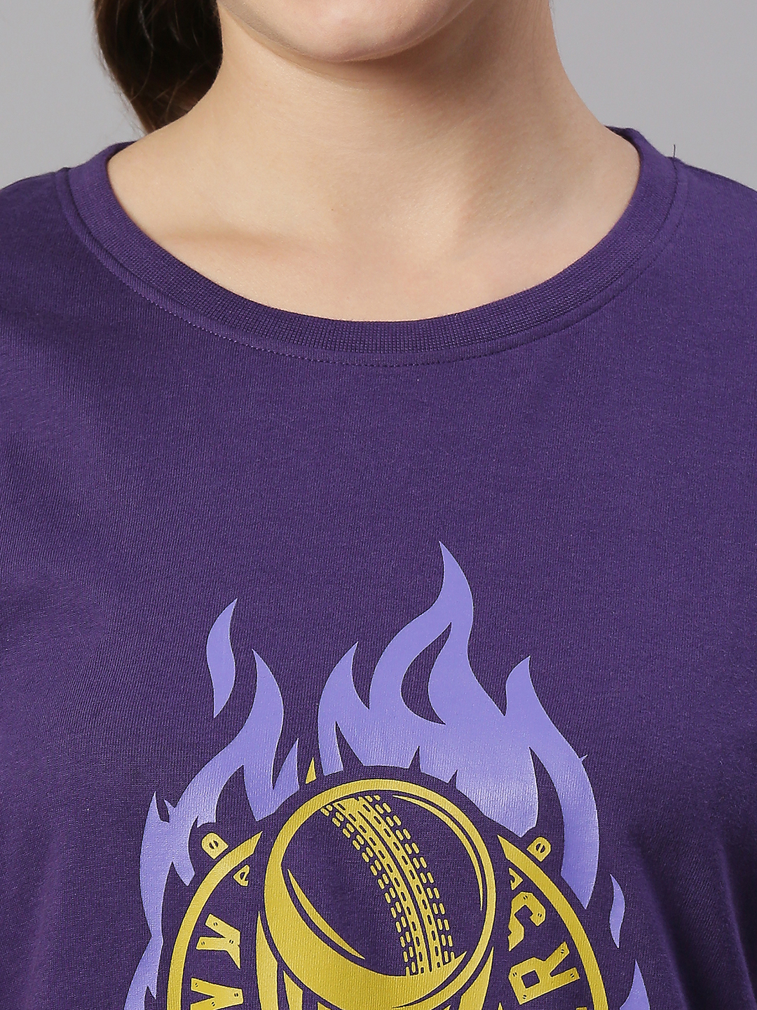 Kolkata Knight Riders Women Purple and Yellow Graphic Printed Half Sleeves Round Neck Cotton T-Shirt (4)