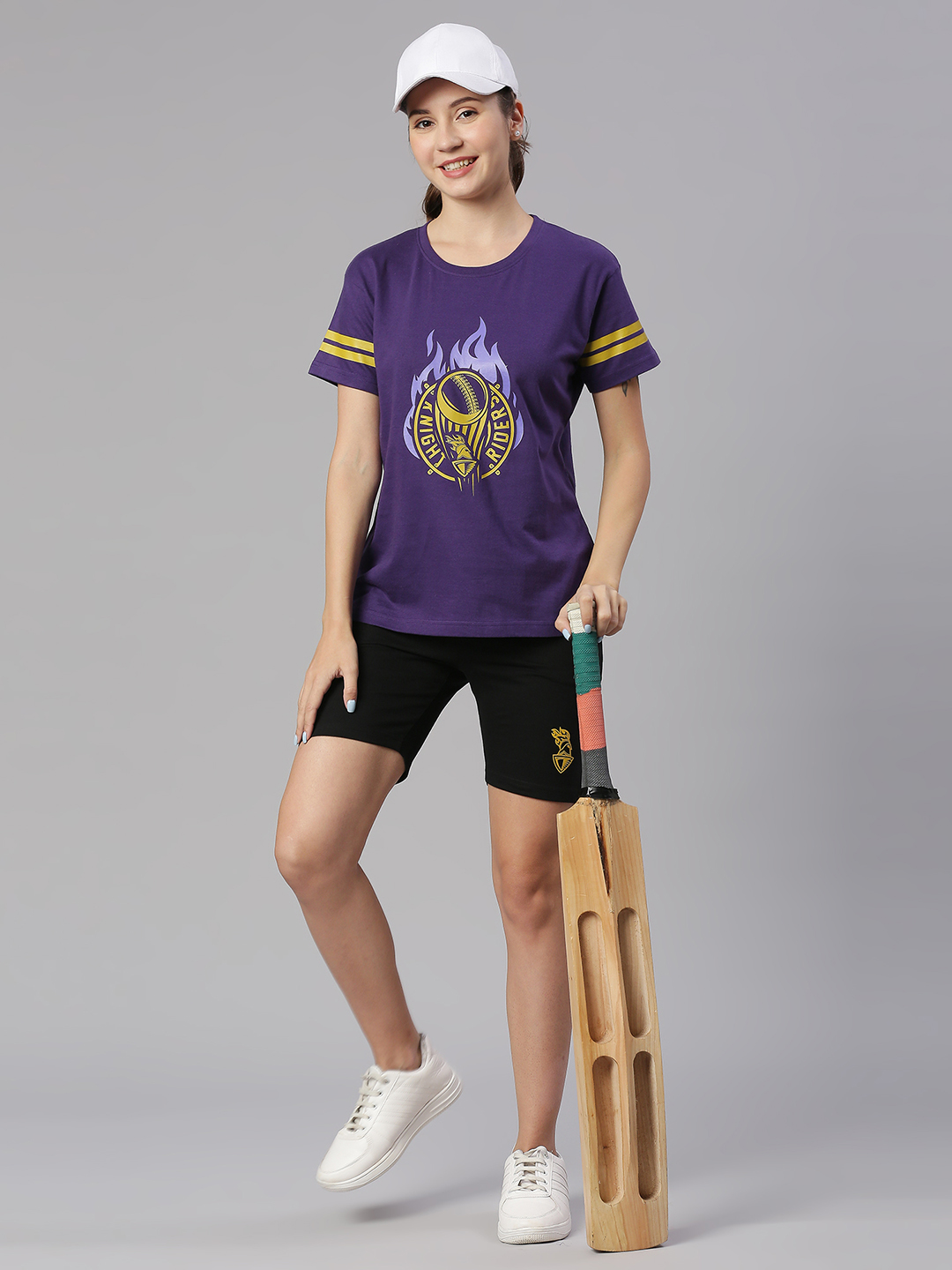 Kolkata Knight Riders Women Purple and Yellow Graphic Printed Half Sleeves Round Neck Cotton T-Shirt (5)
