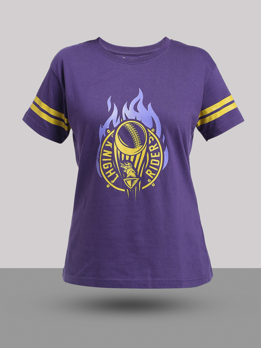 Kolkata Knight Riders Women Purple and Yellow Graphic Printed Half Sleeves Round Neck Cotton T-Shirt (6)