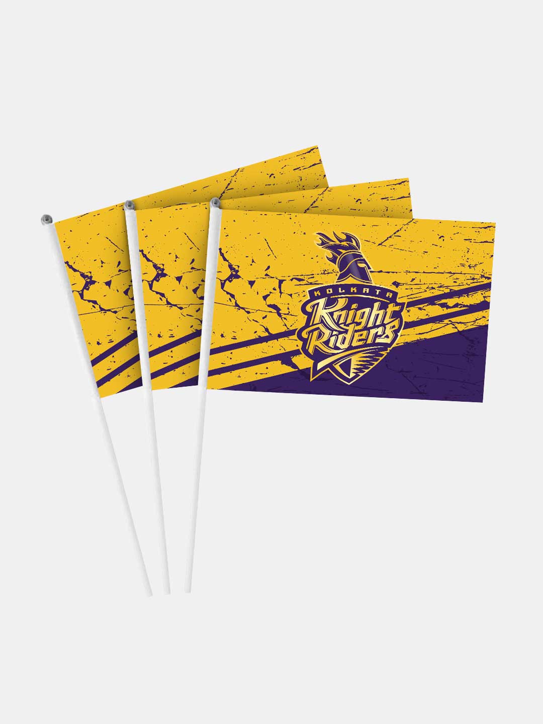 Kolkata Knight Riders Yellow and Purple Printed Hand Held Polyester Mini Flags with Plastic Stick - Pack of 1 (1)