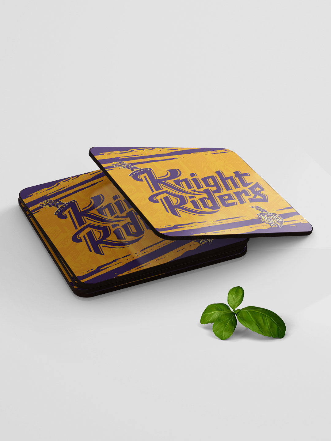 Kolkata Knight Riders Yellow and Purple Printed KKR Rush Square Rubber Coasters - Set of 4 (4)