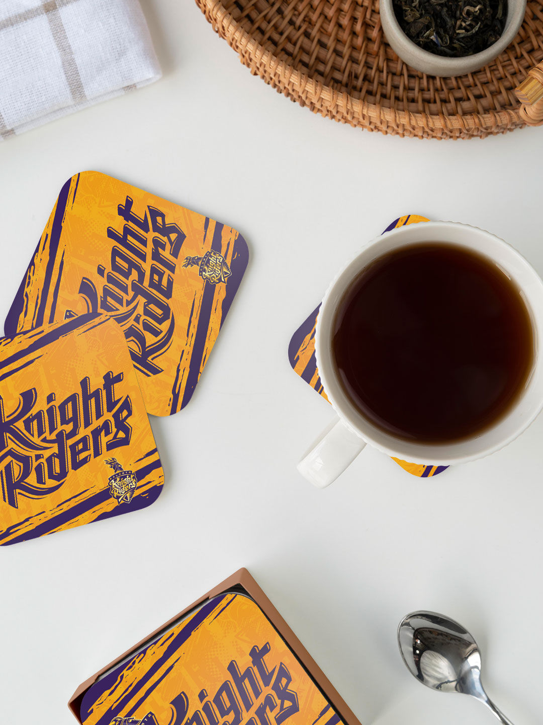 Kolkata Knight Riders Yellow and Purple Printed KKR Rush Square Rubber Coasters - Set of 4 (5)