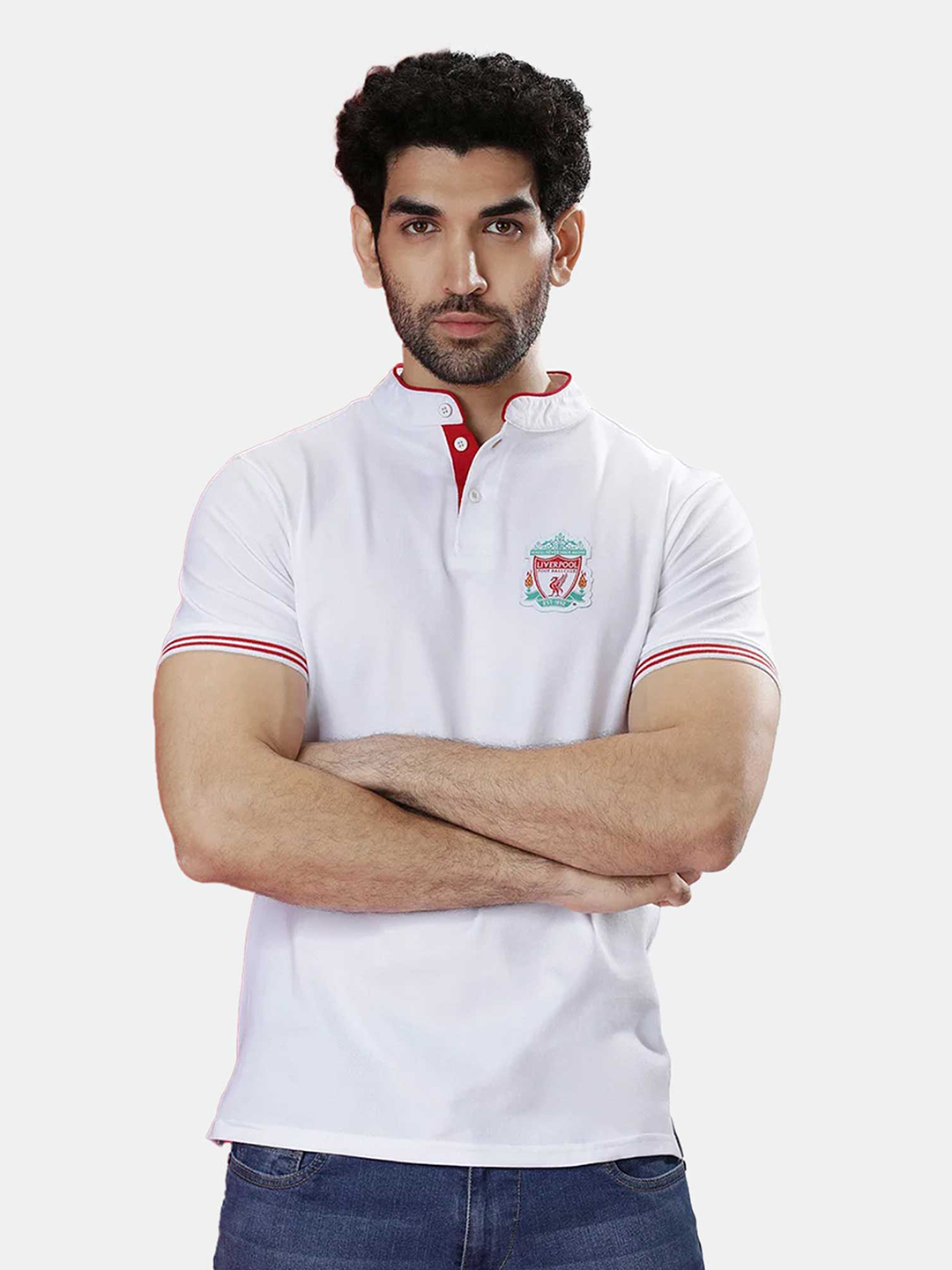 Liverpool F.C. Men White Crest Printed Mandarin Collar T-Shirt (1)