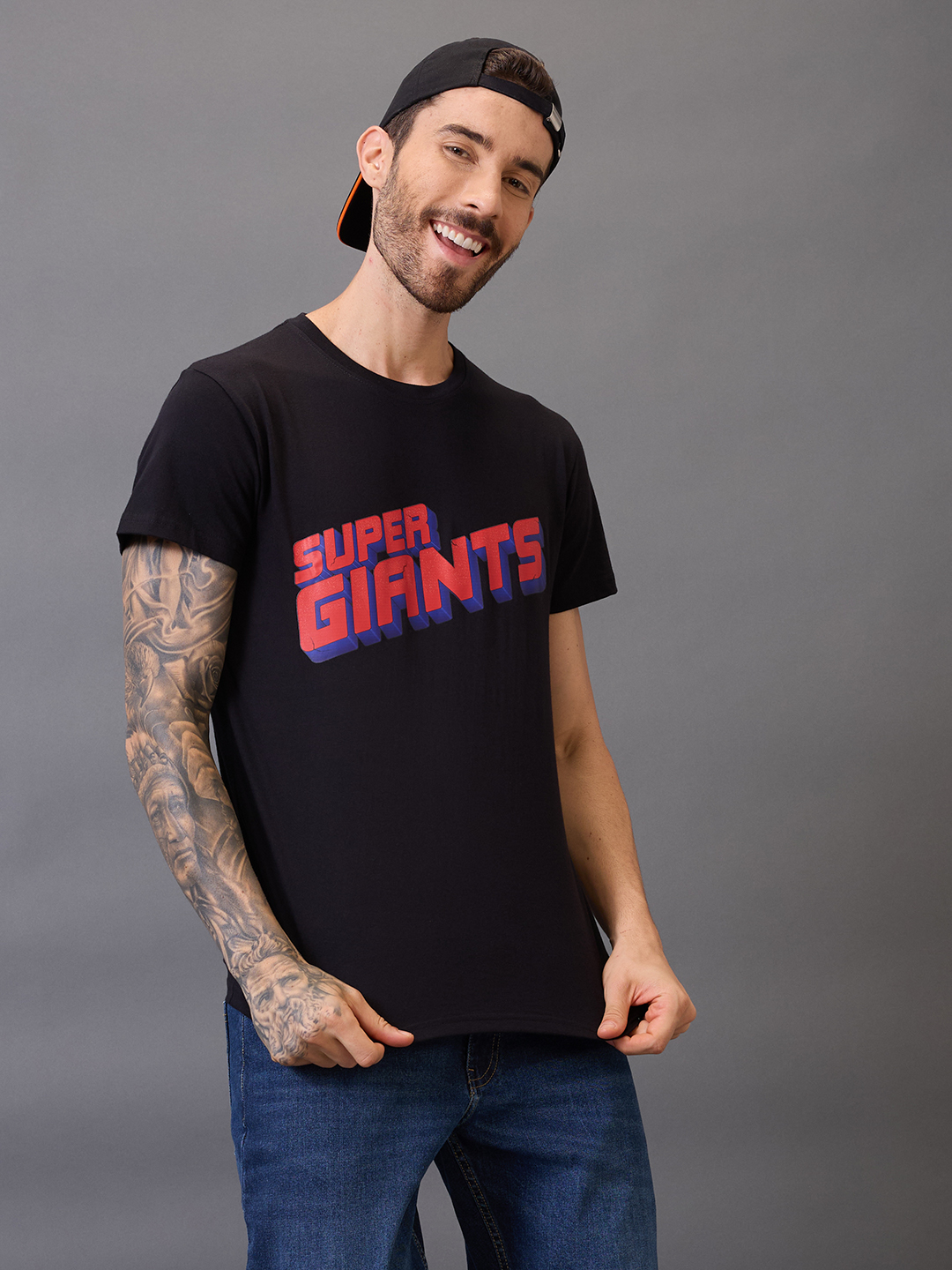 Men Black Graphic Printed Half Sleeves Round Neck Cotton T-Shirt