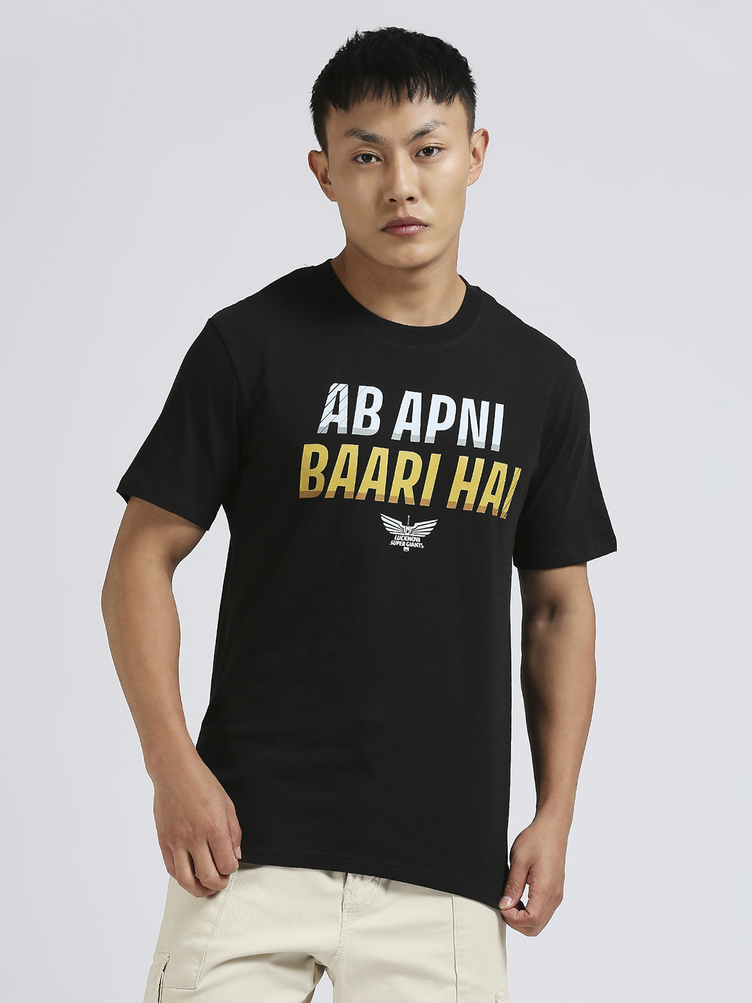 Lucknow Super Giants Men Black Typography Printed Half Sleeves Round Neck Ab Apni Baari Hai Cotton T-Shirt (1)