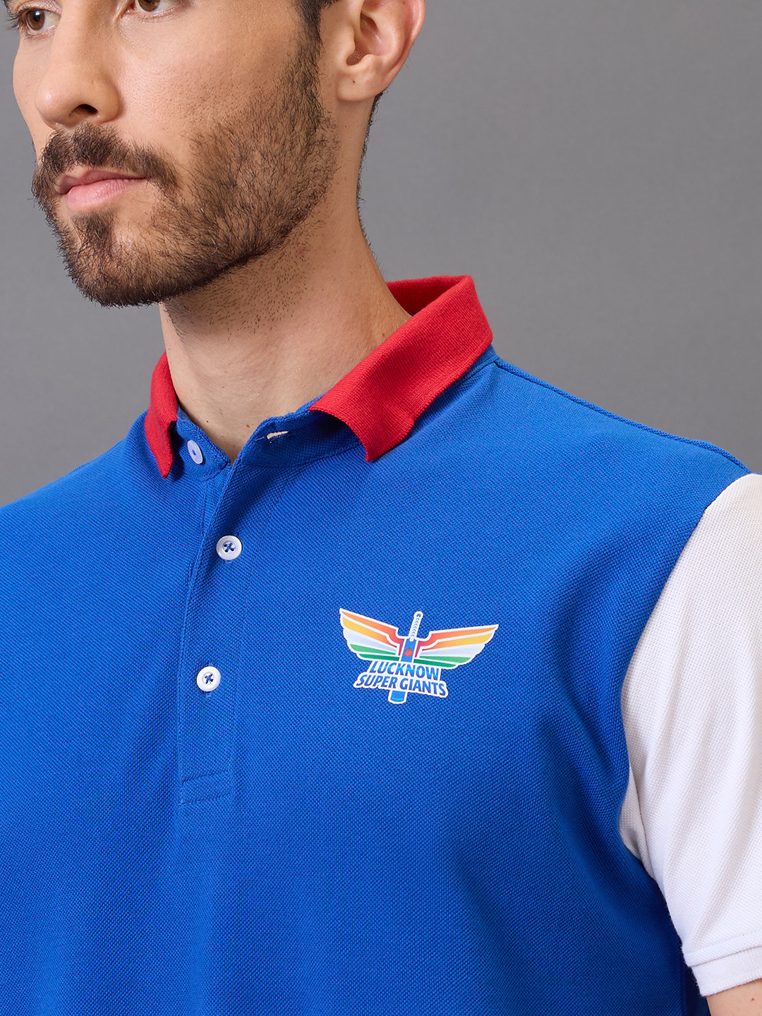 Lucknow Super Giants Men Blue and Red Colourblocked Half Sleeves Polo Collar T-Shirt (2)