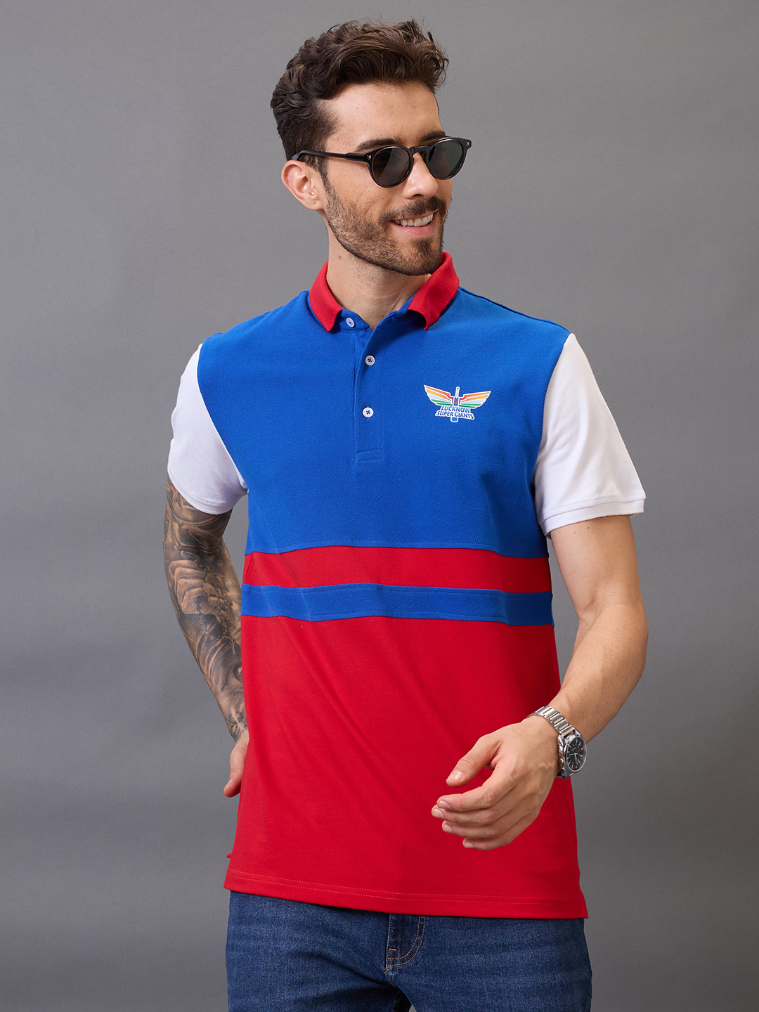 Men Blue and Red Colourblocked Half Sleeves Polo Collar T-Shirt