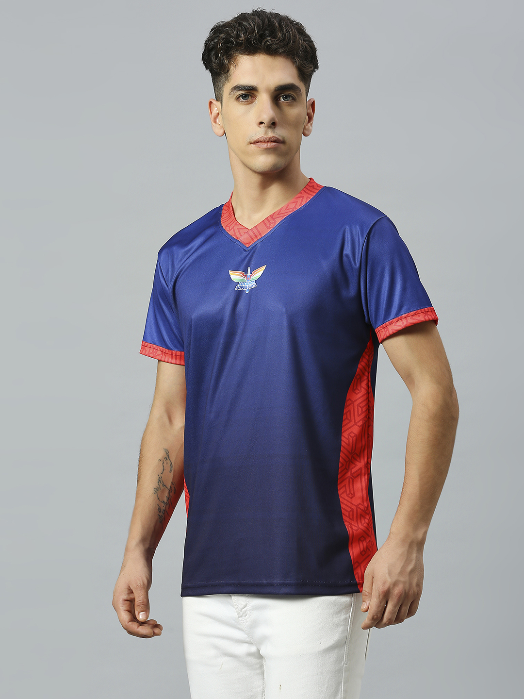 Lucknow Super Giants Men Navy and Red Logo Printed Half Sleeves V-Neck Polyester Lookalike Jersey (2)