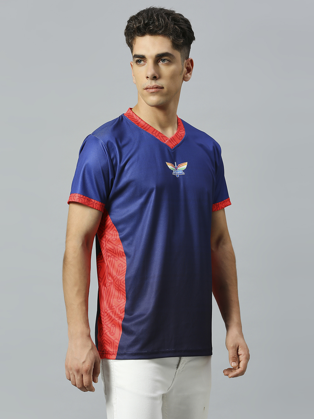 Lucknow Super Giants Men Navy and Red Logo Printed Half Sleeves V-Neck Polyester Lookalike Jersey (3)