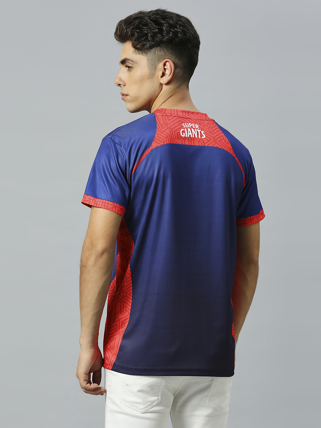 Lucknow Super Giants Men Navy and Red Logo Printed Half Sleeves V-Neck Polyester Lookalike Jersey (4)