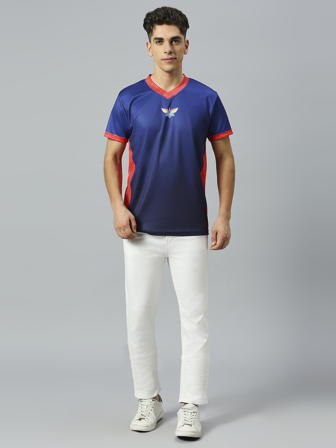 Lucknow Super Giants Men Navy and Red Logo Printed Half Sleeves V-Neck Polyester Lookalike Jersey (6)