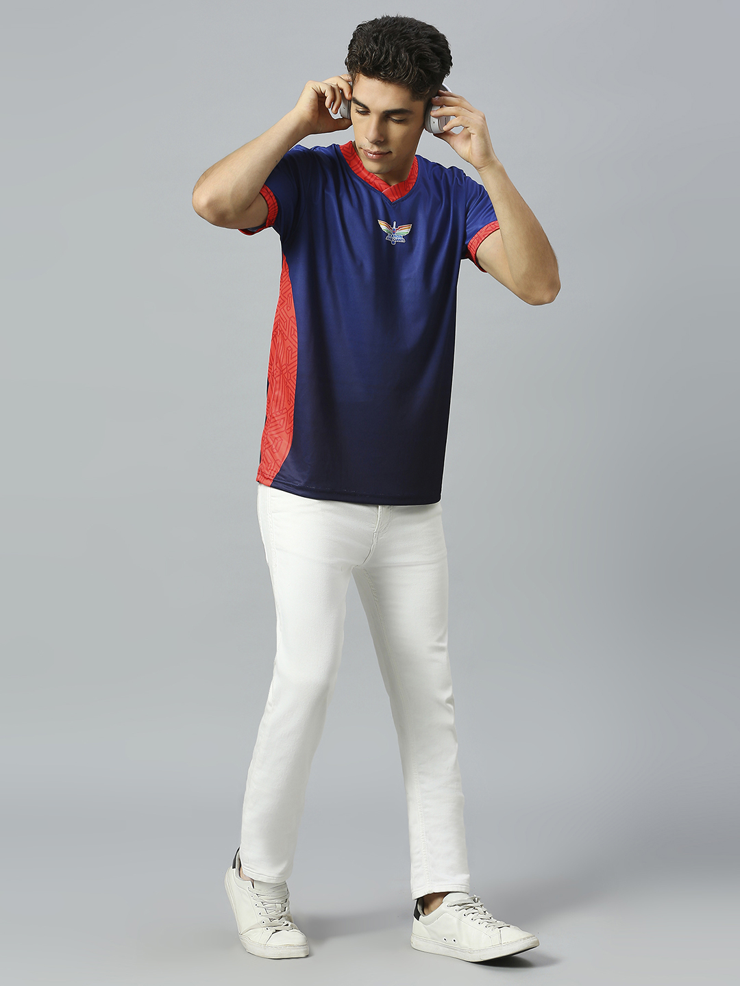 Lucknow Super Giants Men Navy and Red Logo Printed Half Sleeves V-Neck Polyester Lookalike Jersey (7)
