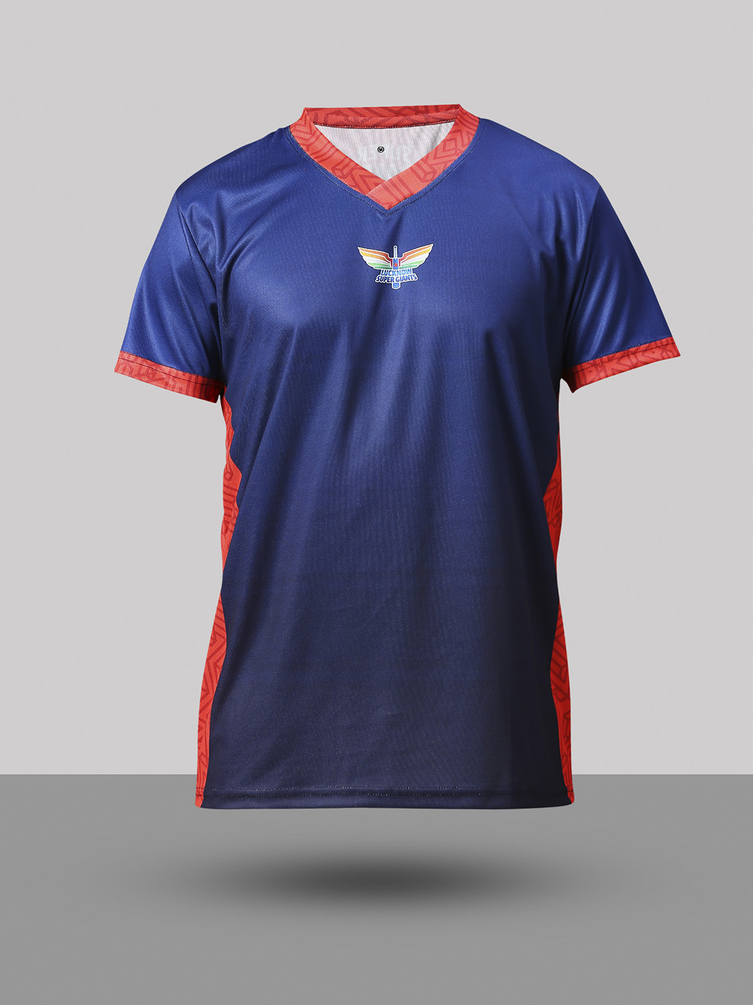 Lucknow Super Giants Men Navy and Red Logo Printed Half Sleeves V-Neck Polyester Lookalike Jersey (8)