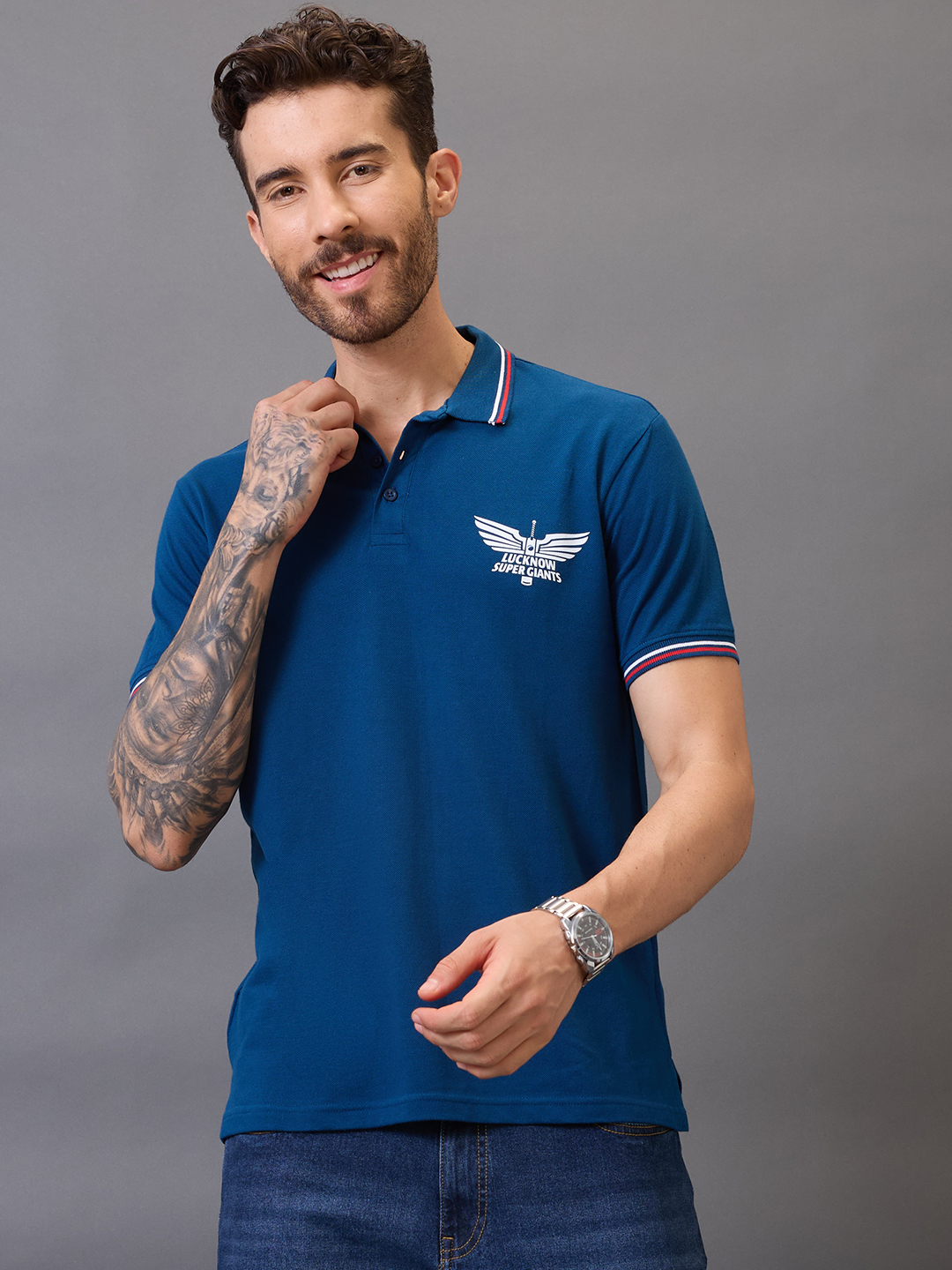 Men Navy Blue Solid Half Sleeves Polo Collar Cotton T-Shirt