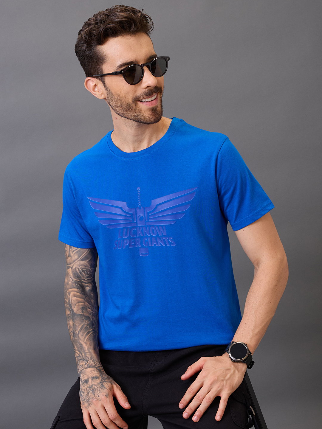 Men Royal Blue Logo Printed Half Sleeves Round Neck Cotton T-Shirt