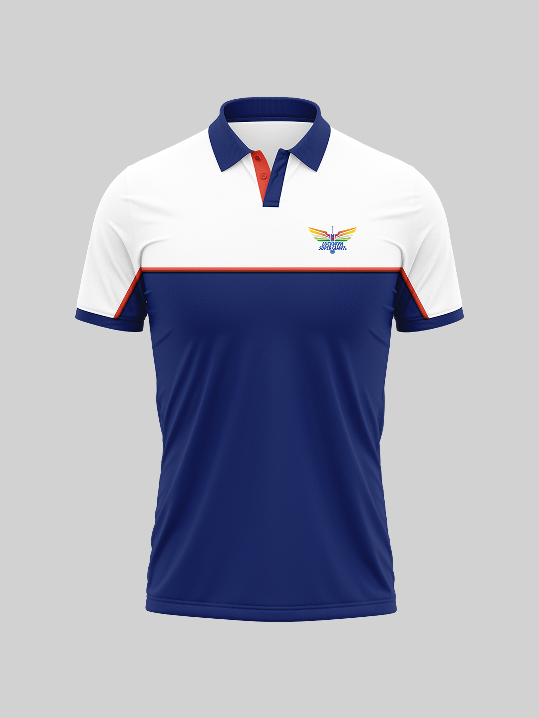 Lucknow Super Giants Men White and Blue Colourblocked Half Sleeves Polo Collar Cotton T-Shirt (1)
