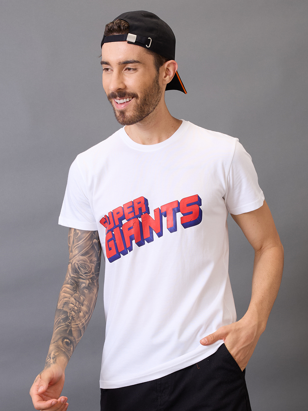 Men White Graphic Printed Half Sleeves Round Neck Cotton T-Shirt