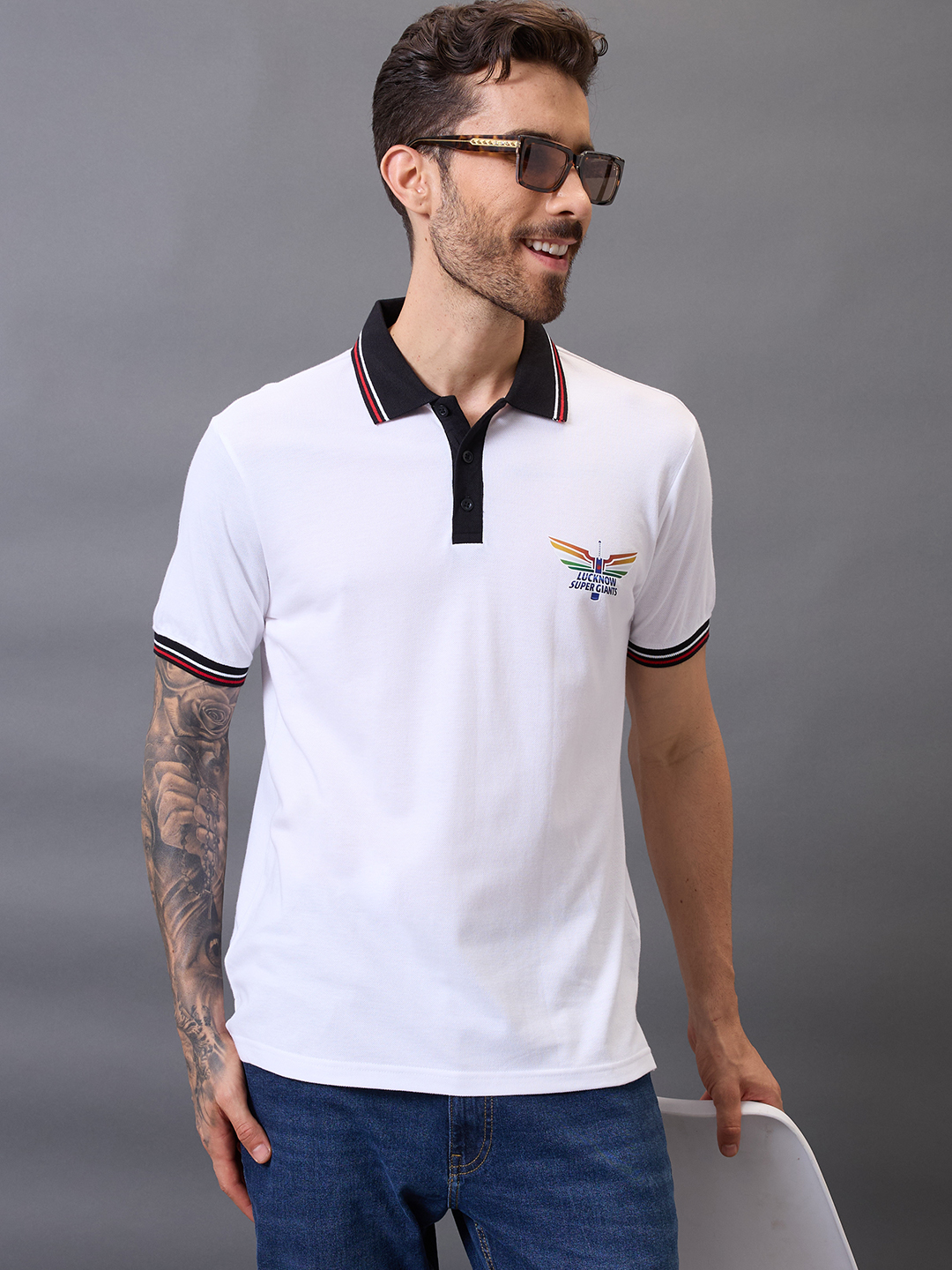 Lucknow Super Giants Men White Solid Half Sleeves Polo Collar Cotton T-Shirt