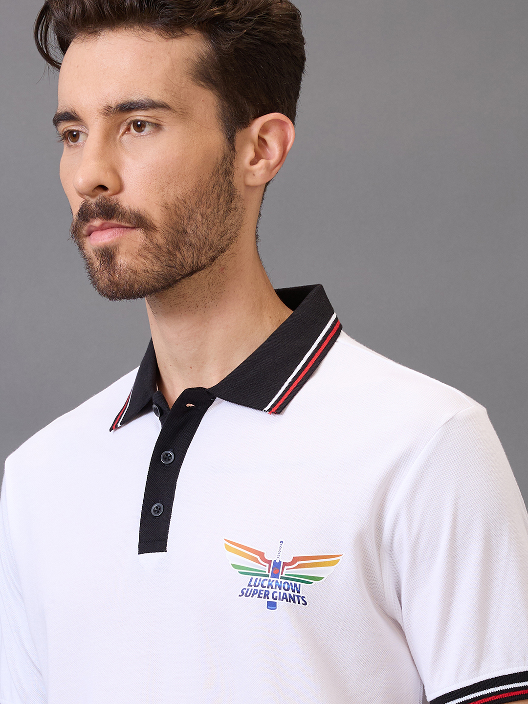 Lucknow Super Giants Men White Solid Half Sleeves Polo Collar Cotton T-Shirt (2)