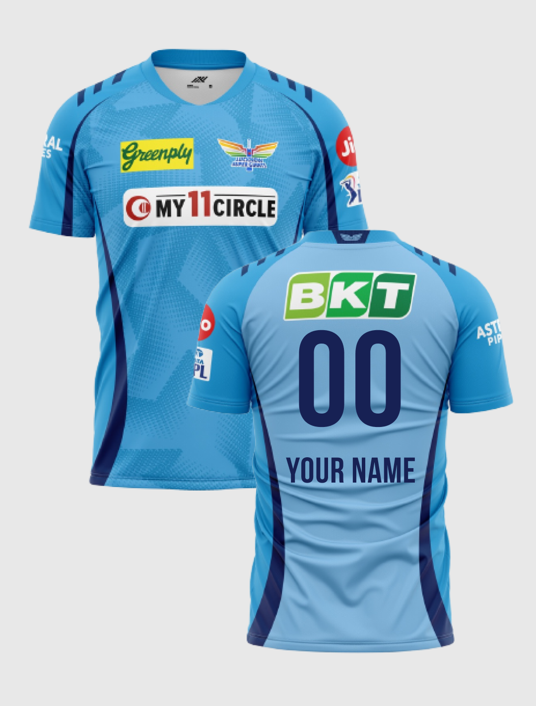 Unisex Sky Blue Printed Half Sleeves Round Neck Polyester Practice Jersey: Customised With Your Name By FanCode