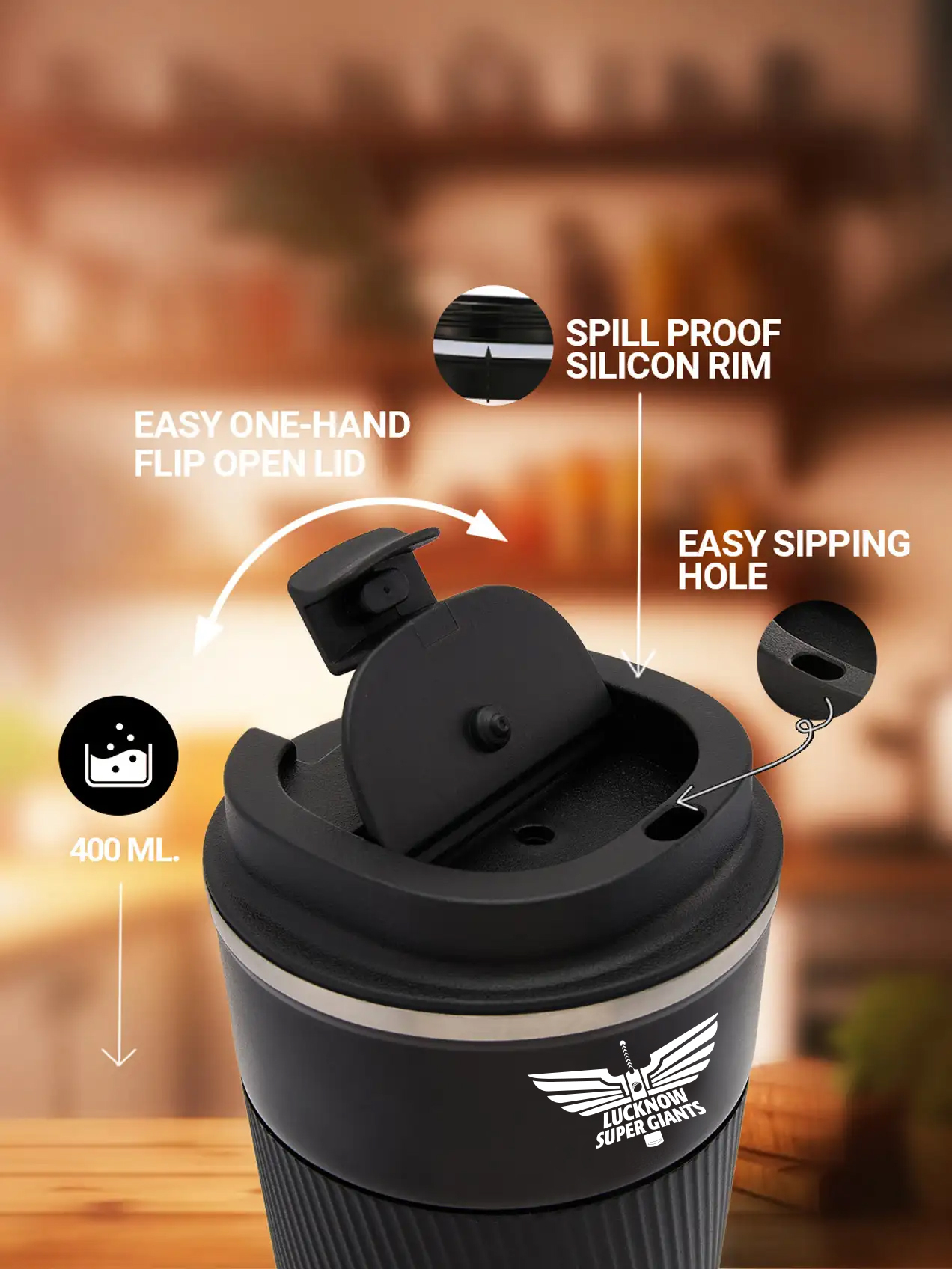 Lucknow Super Giants Vacuum Insulated Double-Walled with Spill Proof Flip Top Stainless Steel Coffee Tumbler - 400 ML (B (4)