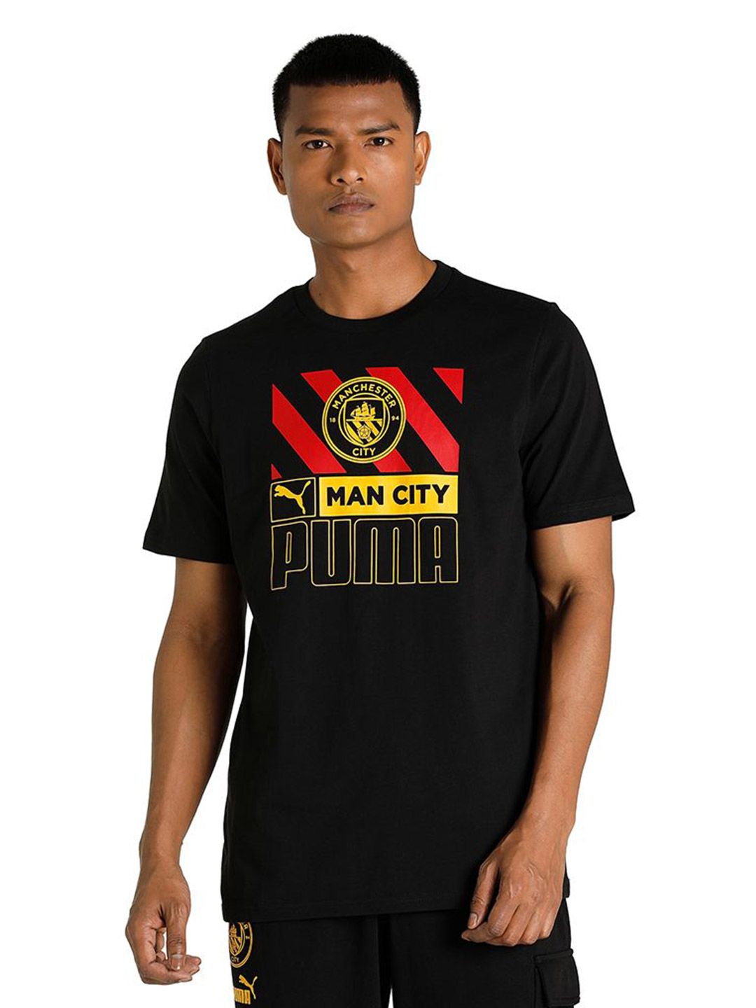 Men Black and Red Graphic Printed Half Sleeves Round Neck Cotton Football Core T-Shirt