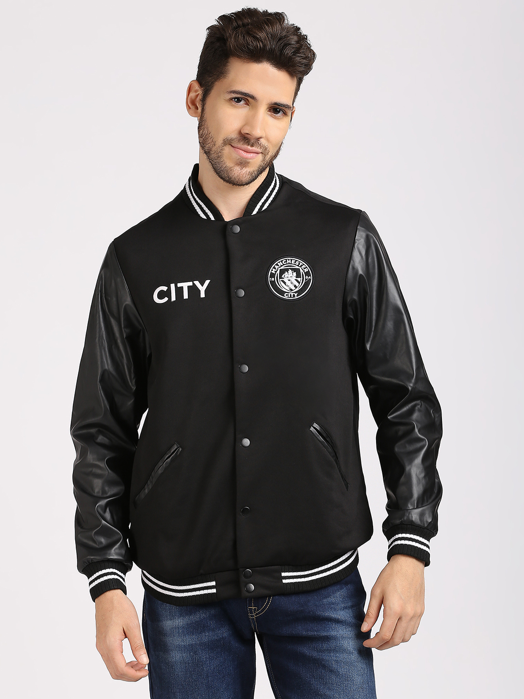 Men Black Logo Printed Full Sleeves Stand Collar Outdoor Varsity Polyester Jacket