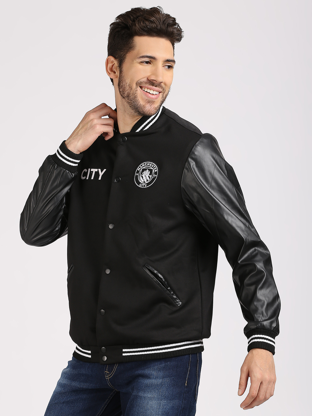 Manchester City F.C. Men Black Logo Printed Full Sleeves Stand Collar Outdoor Varsity Polyester Jacket (2)