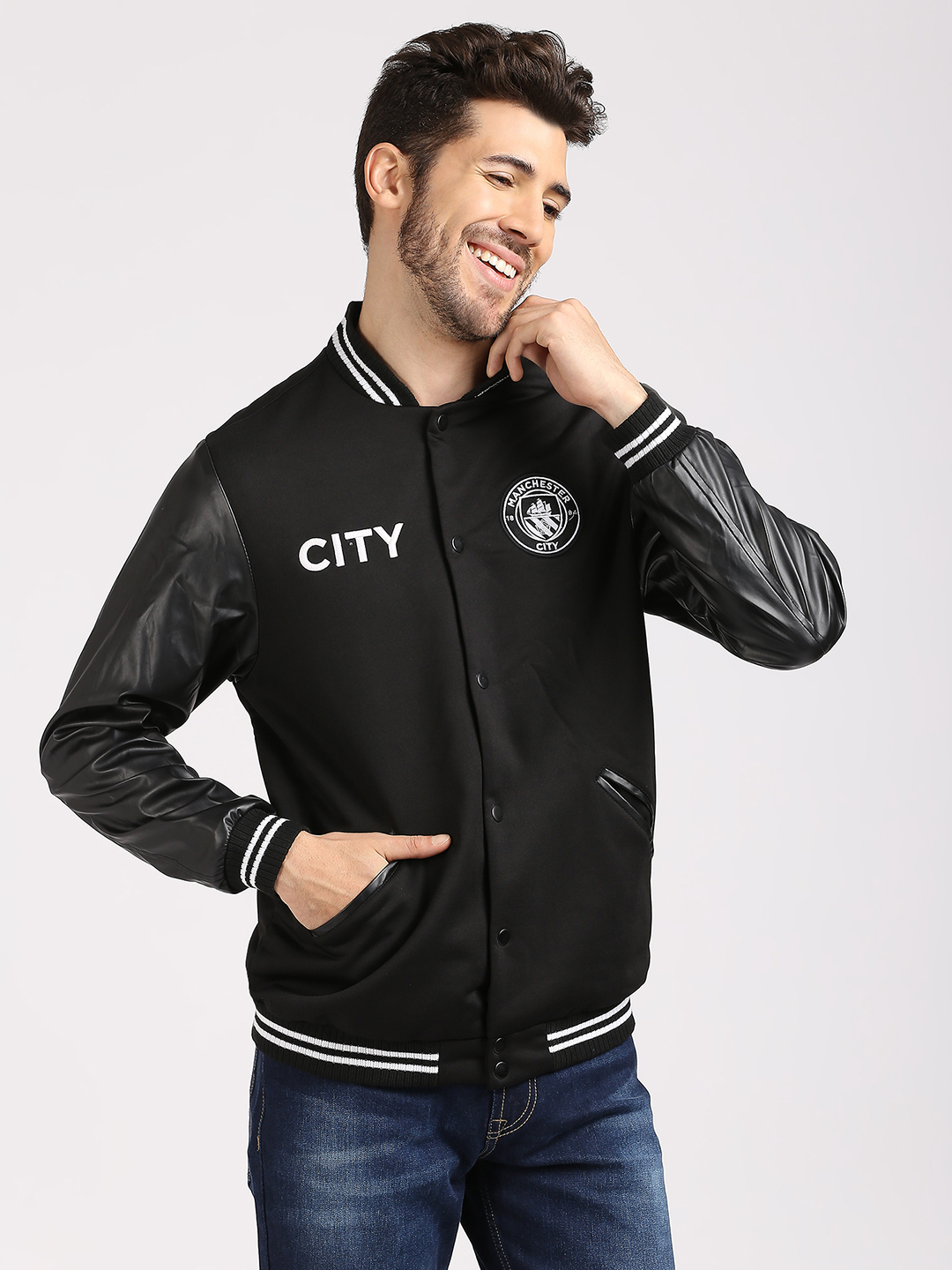 Manchester City F.C. Men Black Logo Printed Full Sleeves Stand Collar Outdoor Varsity Polyester Jacket (3)
