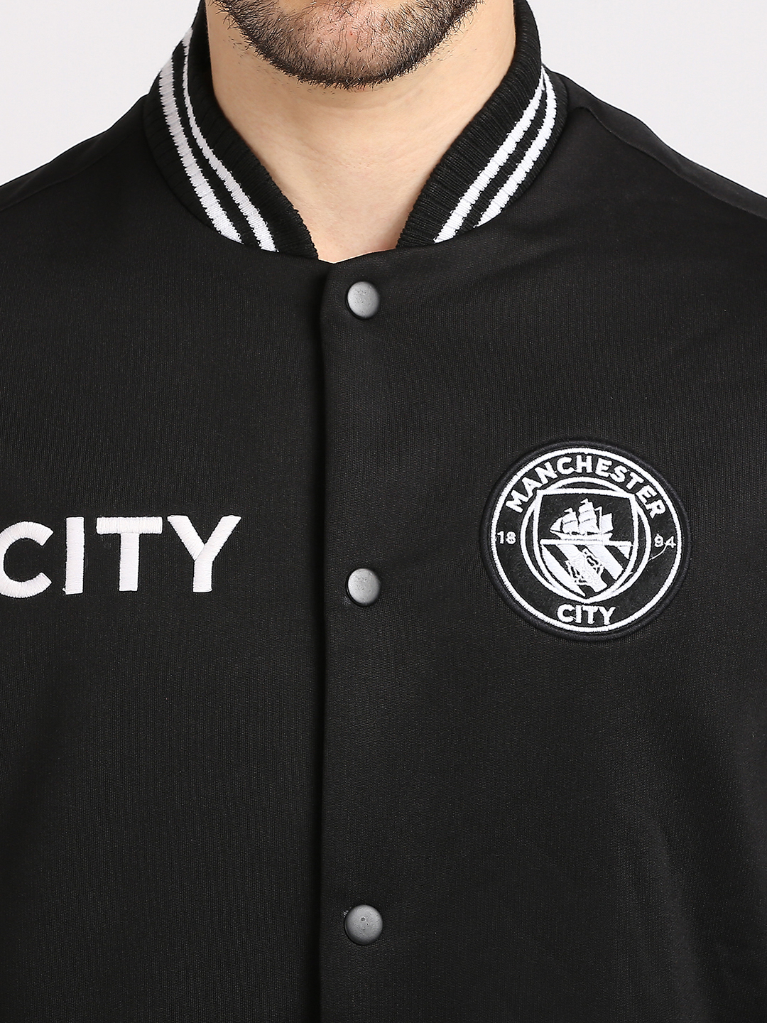 Manchester City F.C. Men Black Logo Printed Full Sleeves Stand Collar Outdoor Varsity Polyester Jacket (5)