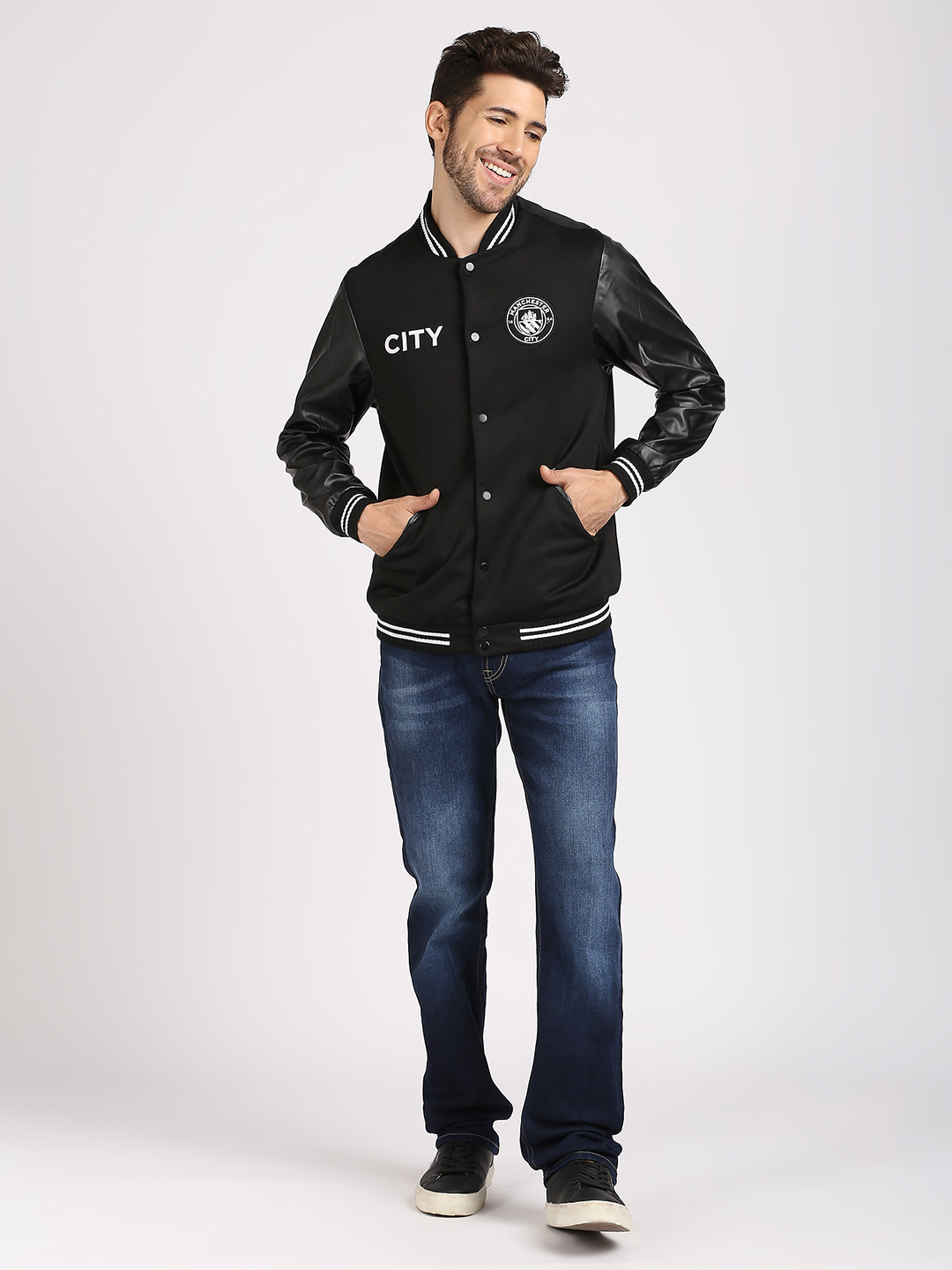 Manchester City F.C. Men Black Logo Printed Full Sleeves Stand Collar Outdoor Varsity Polyester Jacket (6)