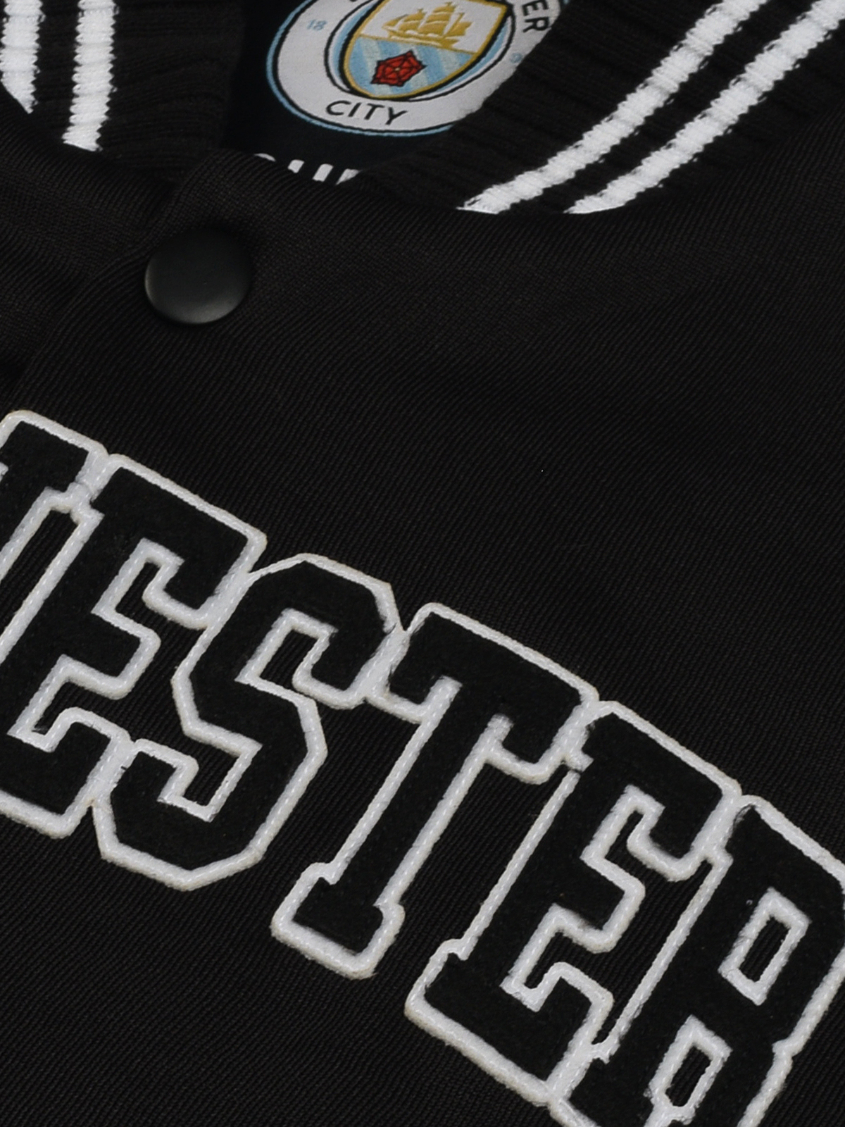 Manchester City F.C. Men Black Typography Printed Full Sleeves Stand-Collar Polyester Letterman Jacket (3)
