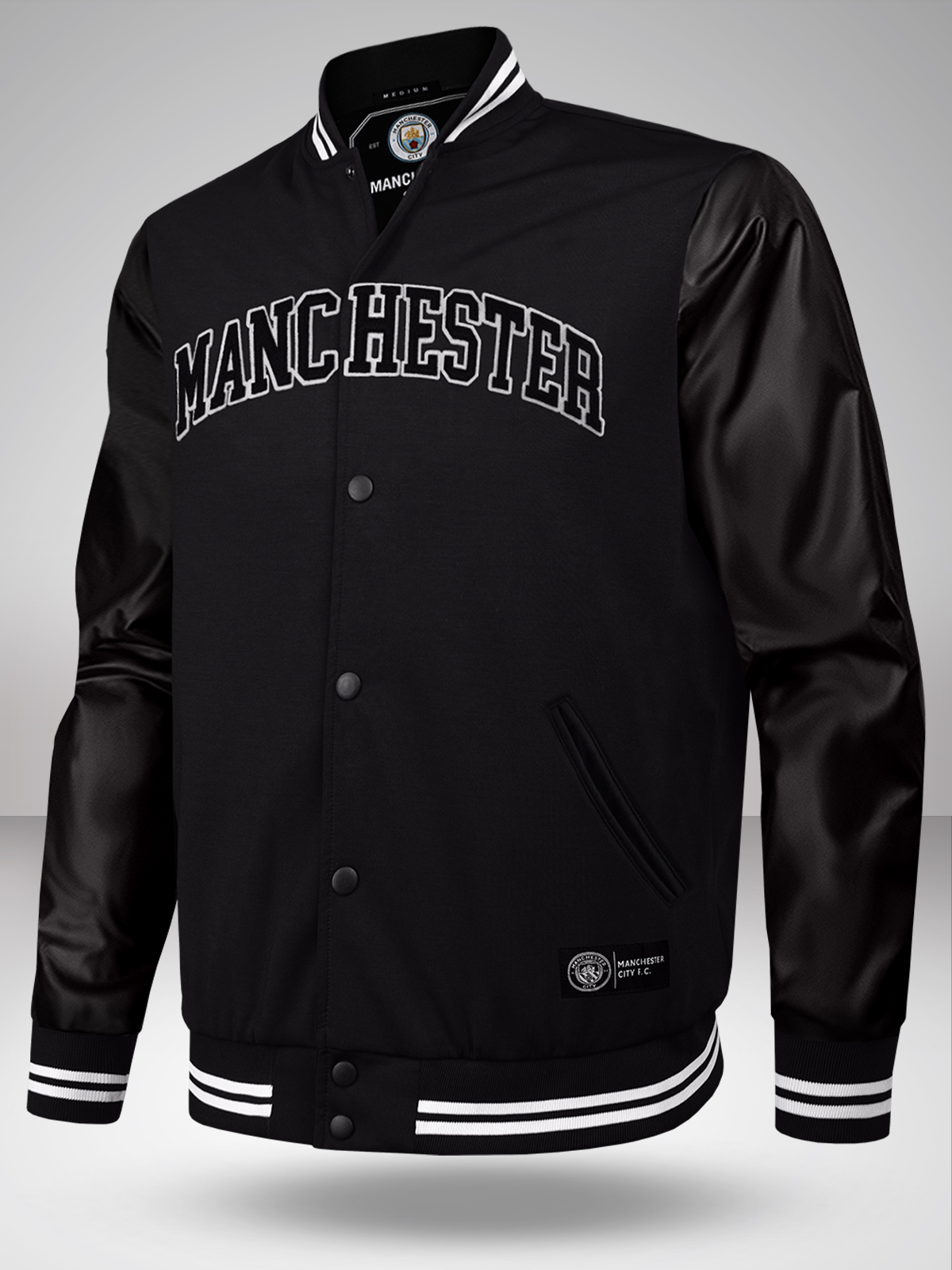 Men Black Typography Printed Full Sleeves Stand-Collar Polyester Letterman Jacket