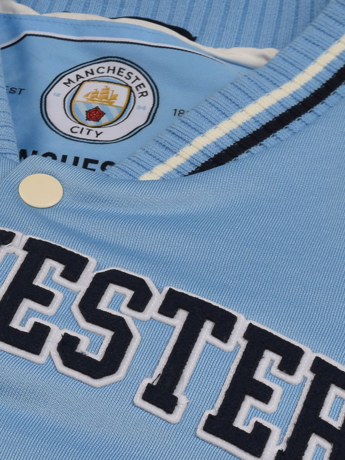 Manchester City F.C. Men Blue and White Colourblocked Full Sleeves Stand-Collar Polyester Letterman Jacket (8)