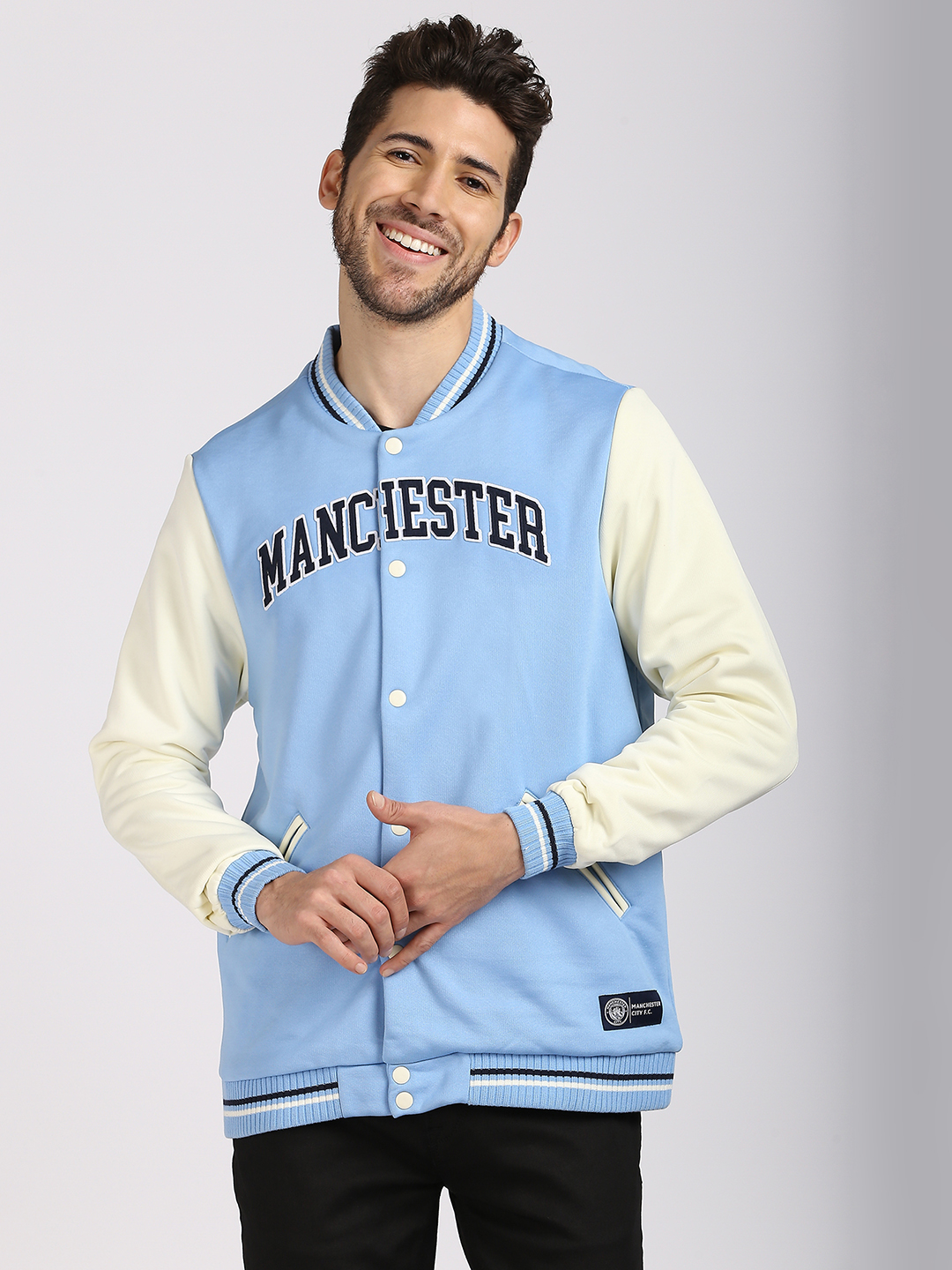 Manchester City F.C. Men Blue and White Colourblocked Full Sleeves Stand-Collar Polyester Letterman Jacket