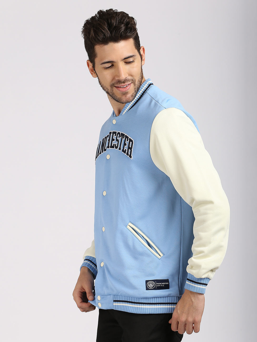 Manchester City F.C. Men Blue and White Colourblocked Full Sleeves Stand-Collar Polyester Letterman Jacket (2)