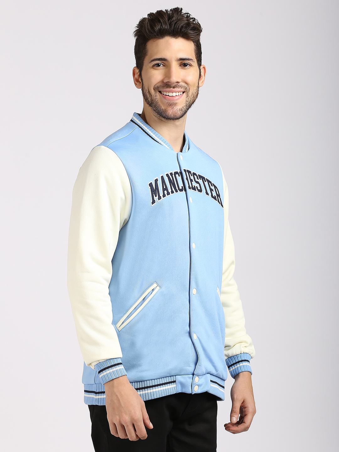 Manchester City F.C. Men Blue and White Colourblocked Full Sleeves Stand-Collar Polyester Letterman Jacket (3)