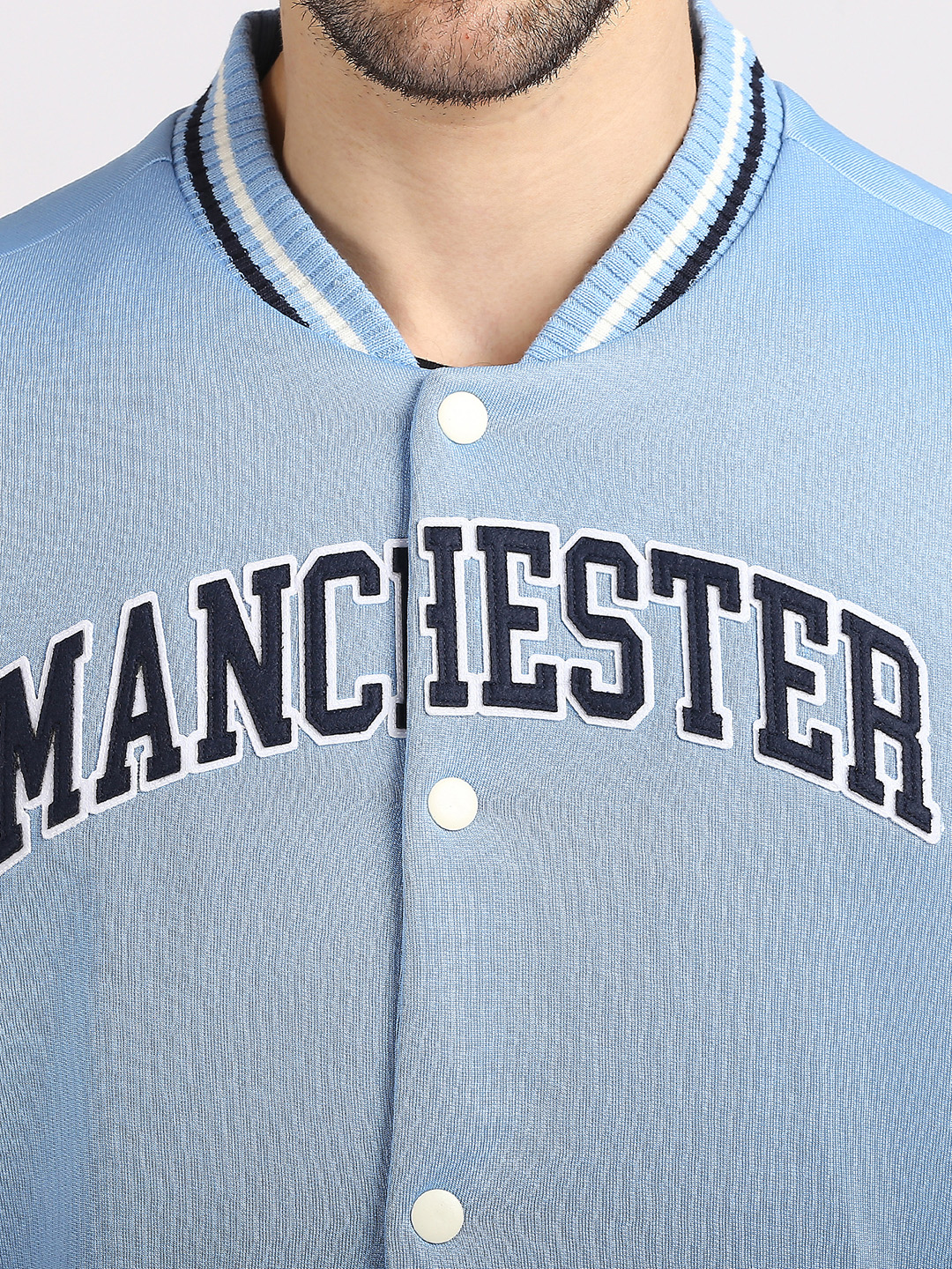 Manchester City F.C. Men Blue and White Colourblocked Full Sleeves Stand-Collar Polyester Letterman Jacket (5)