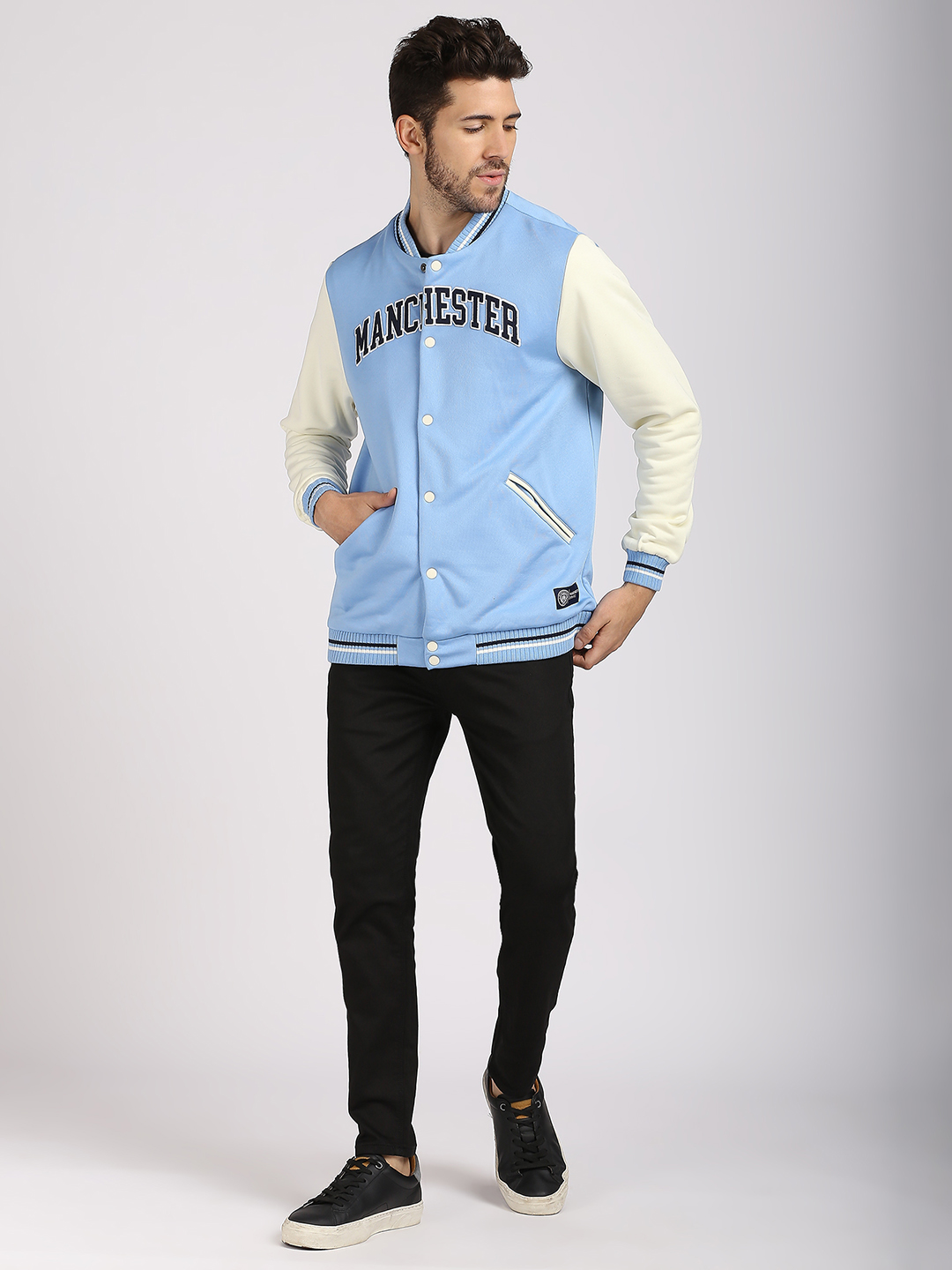 Manchester City F.C. Men Blue and White Colourblocked Full Sleeves Stand-Collar Polyester Letterman Jacket (6)